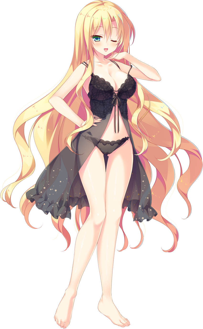 1girl, absurdres, barefoot, black_panties, blonde_hair, blush, breasts, collarbone
