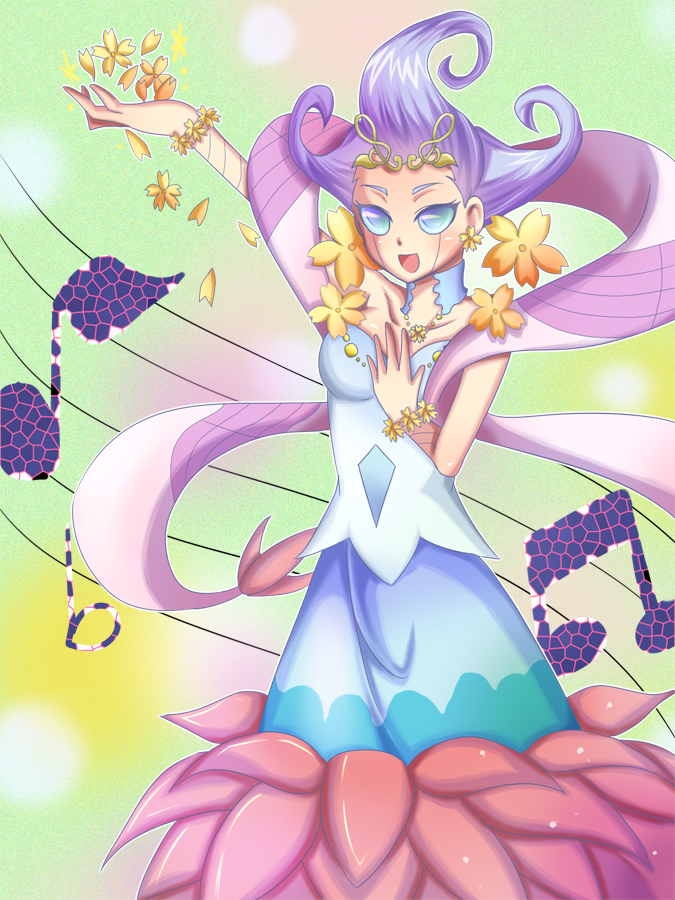 1girl, bloom_diva_the_melodious_choir, breasts, dress, duel_monster, flower, hair_flower, hair_ornament