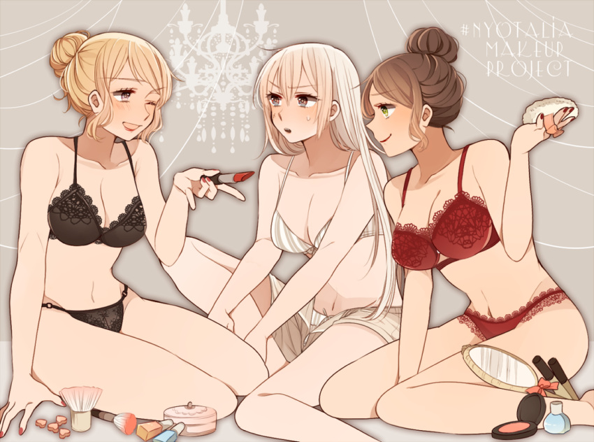 3girls, arm_support, axis_powers_hetalia, bangs, black_bra, black_panties, blonde_hair, blue_eyes
