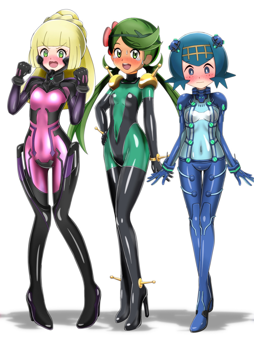 3girls, @_@, absurdres, blonde_hair, blue_eyes, blue_hair, blush, bodysuit, covered_navel, dark_skin, embarrassed, evangelion:_2.0_you_can_(not)_advance, flower, g_gundam, green_eyes, green_hair, gundam, hair_flower, hair_ornament, hairband, hand_on_hip, high_heels, highres, lillie_(pokemon), long_hair, mallow_(pokemon), mobile_trace_suit, multiple_girls, neon_genesis_evangelion, open_mouth, plugsuit, pokemon, pokemon_(anime), pokemon_sm_(anime), ponytail, rebuild_of_evangelion, short_hair, shoukin500, simple_background, suiren_(pokemon), tears, test_plugsuit, trial_captain, twintails, white_background