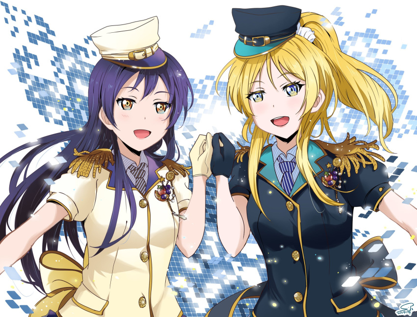 2girls, ayase_eli, bangs, black_gloves, blonde_hair, blue_eyes, blue_hair, blush