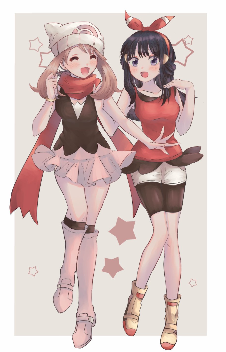 artist_request, bike_shorts, bike_shorts_under_shorts, black_legwear, blue_eyes, blue_hair, brown_hair, closed_eyes, cosplay, costume_switch, haruka_(pokemon), haruka_(pokemon)_(remake), highres, hikari_(pokemon), miniskirt, pink_footwear, pink_skirt, pokemon, pokemon_(game), pokemon_dppt, pokemon_oras, red_scarf, scarf, shorts, sidelocks, simple_background, skirt, star_pattern