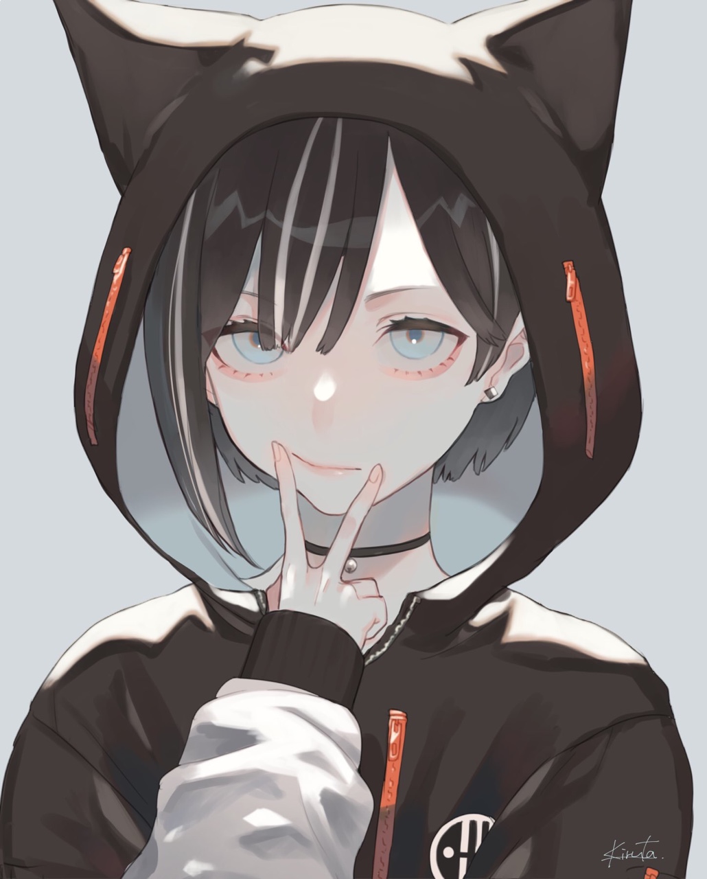 1boy, animal_ears, animal_hood, black_hair, blue_eyes, closed_mouth, earrings, eyes_visible_through_hair