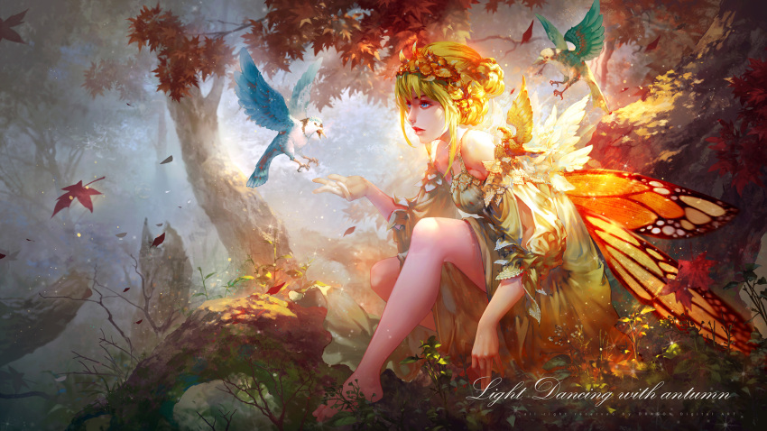1girl, angel, antilous, autumn_leaves, barefoot, bird, blonde_hair, blue_eyes