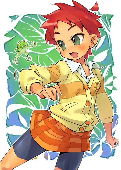 frog, fujisaki_mana, green_eyes, minawa, onegai_my_melody, plaid, plaid_skirt, red_hair