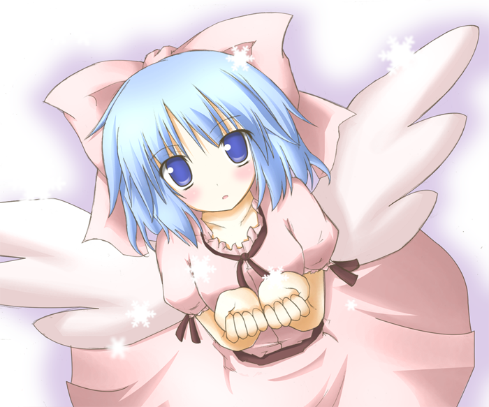 blue_hair, bow, gorujitai, hair_bow, hair_ribbon, mai_(touhou), ribbon, snow, touhou, touhou_(pc-98), wings