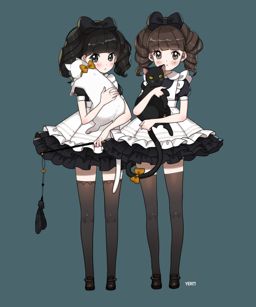 2girls, absurdres, apron, black_cat, black_hair, blush, brown_eyes, brown_hair