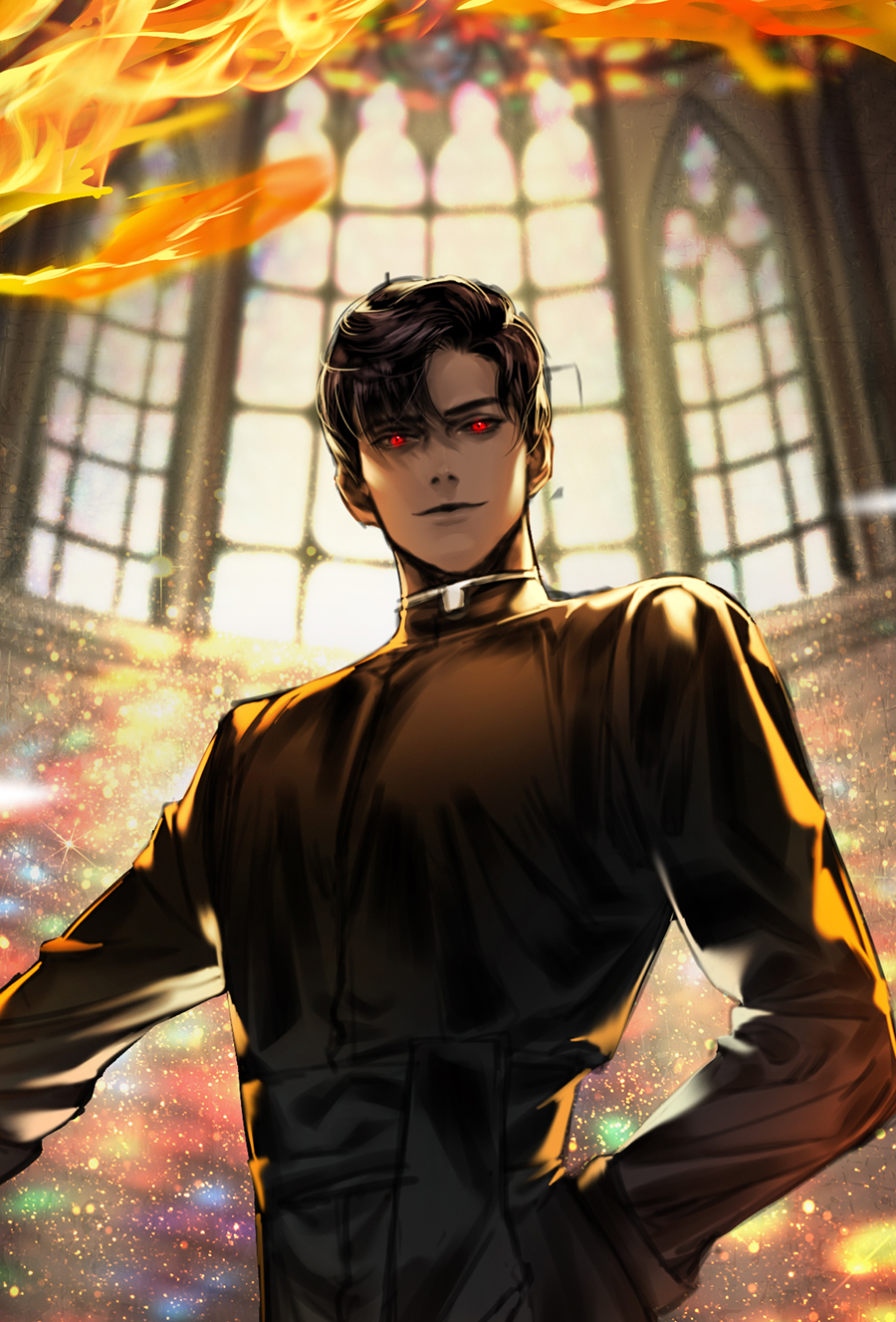 1boy, arm_behind_back, black_hair, church, commentary, day, demon, glowing, glowing_eyes, habit, highres, indoors, kei_(seona2020), looking_at_viewer, male_focus, original, priest, red_eyes, smirk, solo, standing, upper_body