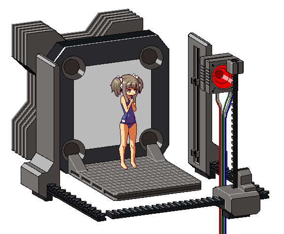 1girl, commentary, machine, pixel_art, standing, swimsuit, twintails, vvindowsme