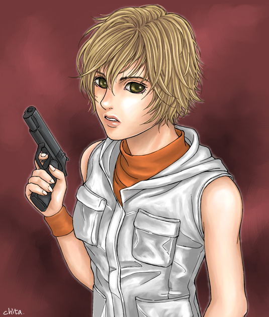 brown_eyes, chita_(artist), gun, heather_mason, lipstick, short_hair, silent_hill, silent_hill_3