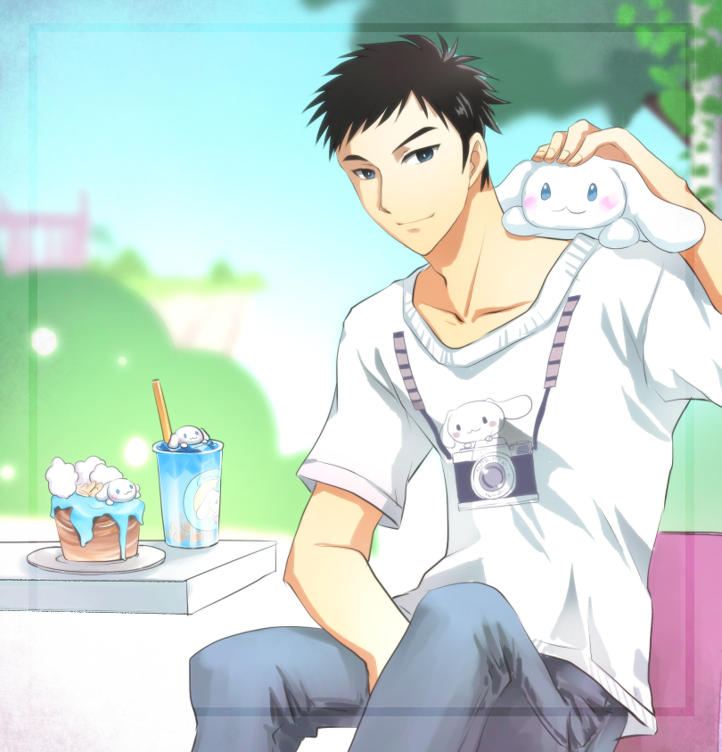 black_eyes, black_hair, blue_sky, blurry, blurry_background, cinnamoroll, denim, dessert