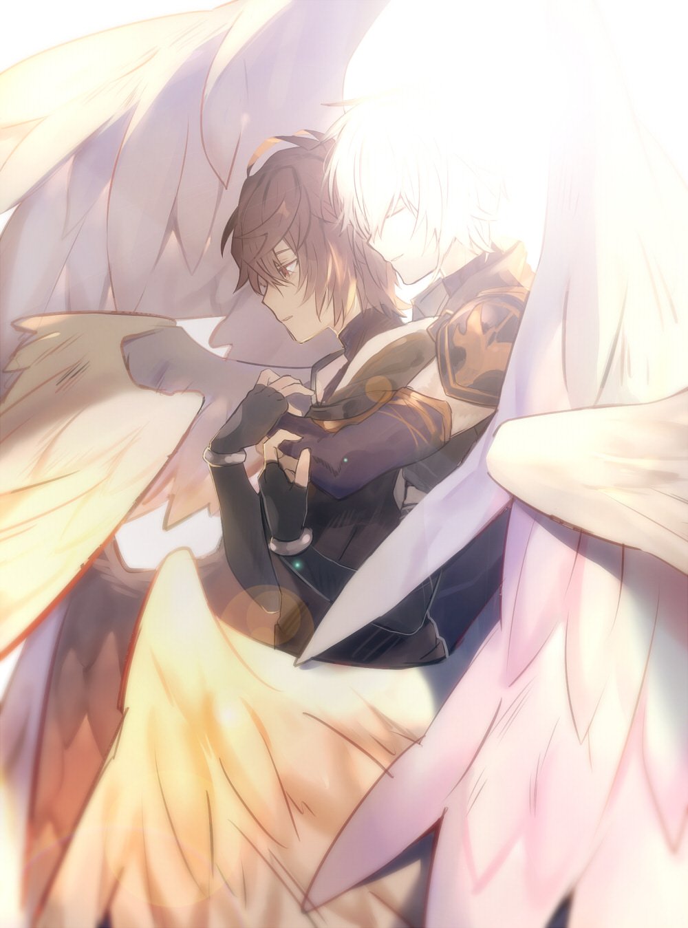 2boys, armor, brown_hair, closed_eyes, fingerless_gloves, gloves, granblue_fantasy, highres, hood, hood_down, hug, hug_from_behind, lucifer_(shingeki_no_bahamut), male_focus, multiple_boys, multiple_wings, red_eyes, sandalphon_(granblue_fantasy), seraph, short_hair, wings, yaba_ine