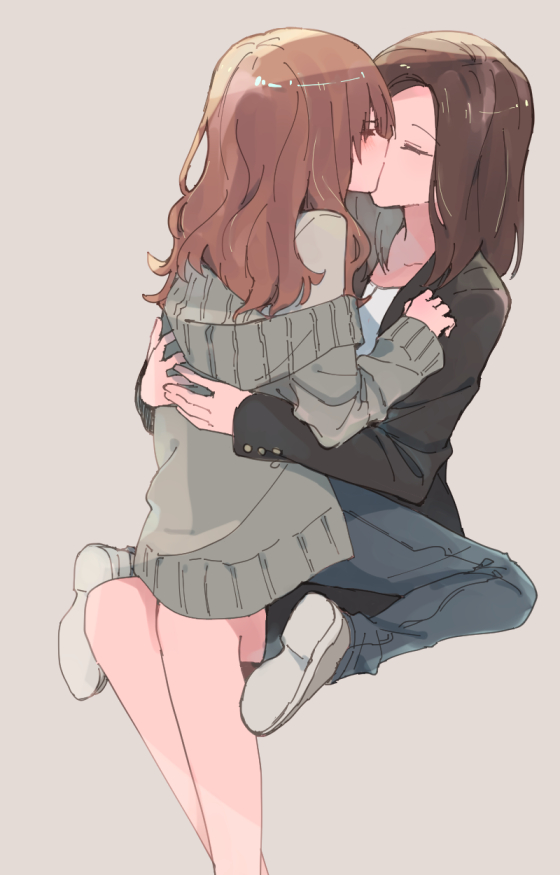 2girls, bangs, blush, brown_background, brown_hair, buttons, closed_eyes, denim, hug, jacket, jeans, kiss, long_sleeves, multiple_girls, open_clothes, open_jacket, original, pants, shoes, sitting, sitting_on_lap, sitting_on_person, sou_(tuhut), yuri