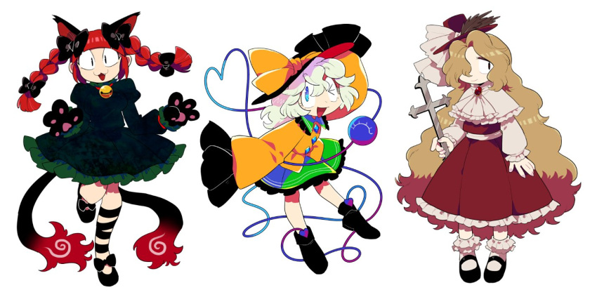 >_o, 3girls, animal_ears, black_bow, black_dress, black_footwear, black_hat, bow