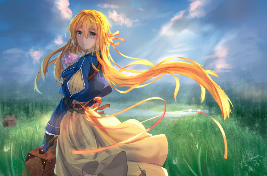 1girl, bangs, blonde_hair, blue_eyes, blue_jacket, braid, breasts, briefcase