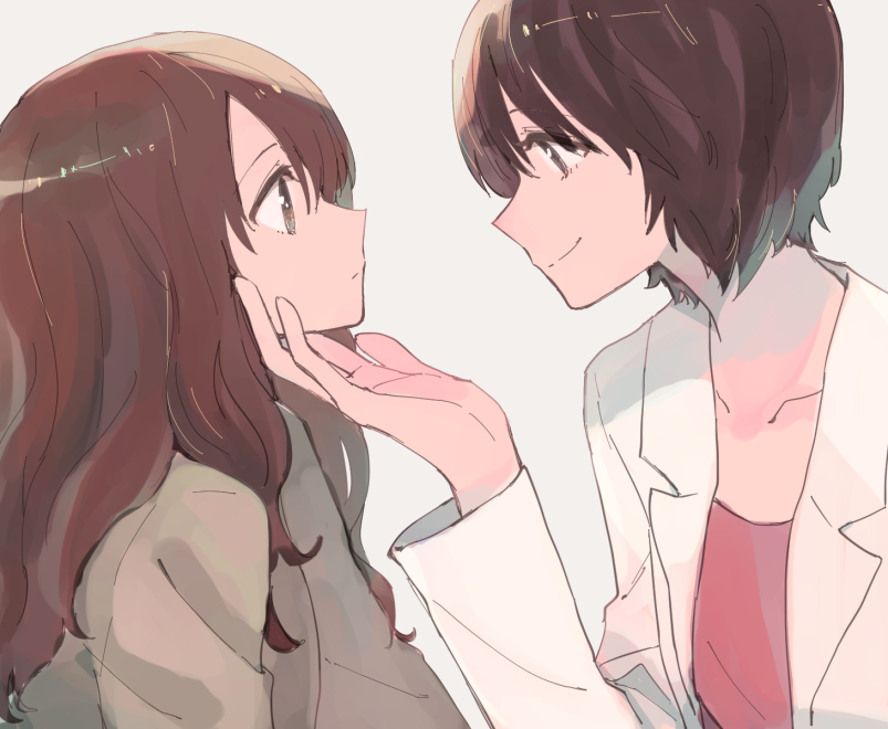 2girls, brown_eyes, brown_hair, collarbone, grey_background, hand_on_another's_chin, long_hair, long_sleeves