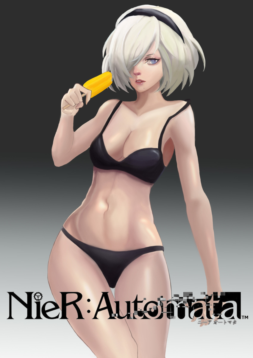 1girl, absurdres, bare_shoulders, bikini, black_bikini, black_bottomwear, black_bra, black_hairband, black_panties, blue_eyes, bra, collarbone, facing_viewer, food, hair_over_eyes, hairband, highres, hips, holding, holding_food, looking_to_the_side, mole, mole_under_mouth, mzz77520, navel, nier_(series), nier_automata, no_blindfold, one_eye_covered, panties, pink_lips, popsicle, short_hair, silver_hair, standing, stomach, swimsuit, thighs, underwear, yorha_no._2_type_b