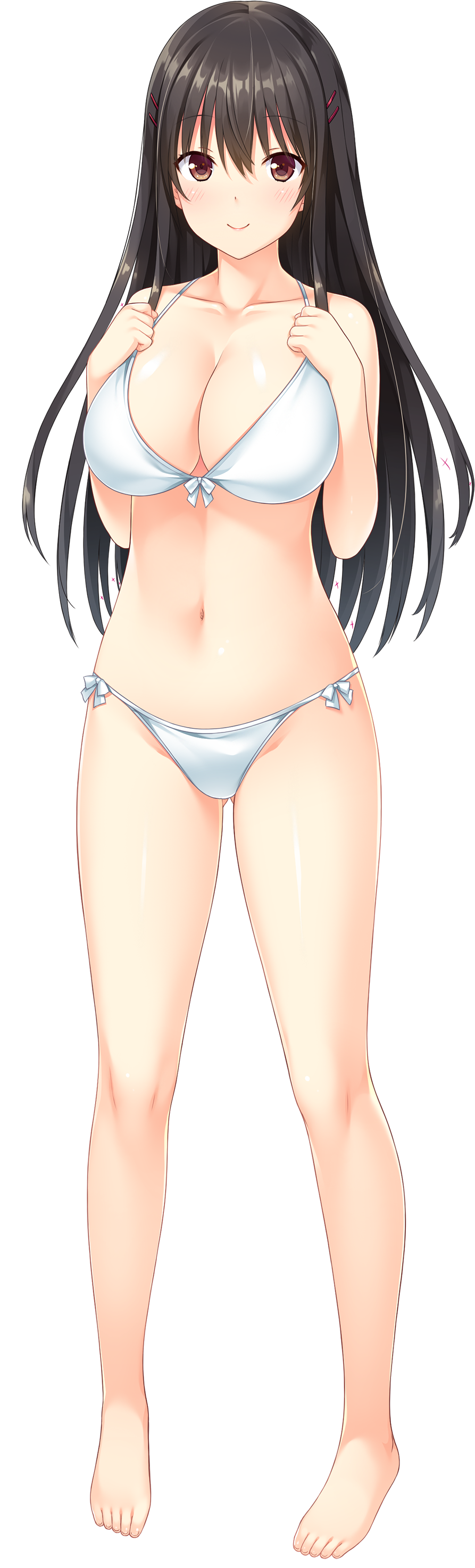 1girl, absurdres, barefoot, bikini, black_hair, blush, breasts, brown_eyes, collarbone, eyebrows_visible_through_hair, full_body, gluteal_fold, hair_ornament, hairclip, highres, large_breasts, long_hair, looking_at_viewer, navel, nekonyan, official_art, smile, solo, standing, swimsuit, tonari_ni_kanojo_no_iru_shiawase_~winter_guest~, transparent_background, white_bikini, yukimura_shiho