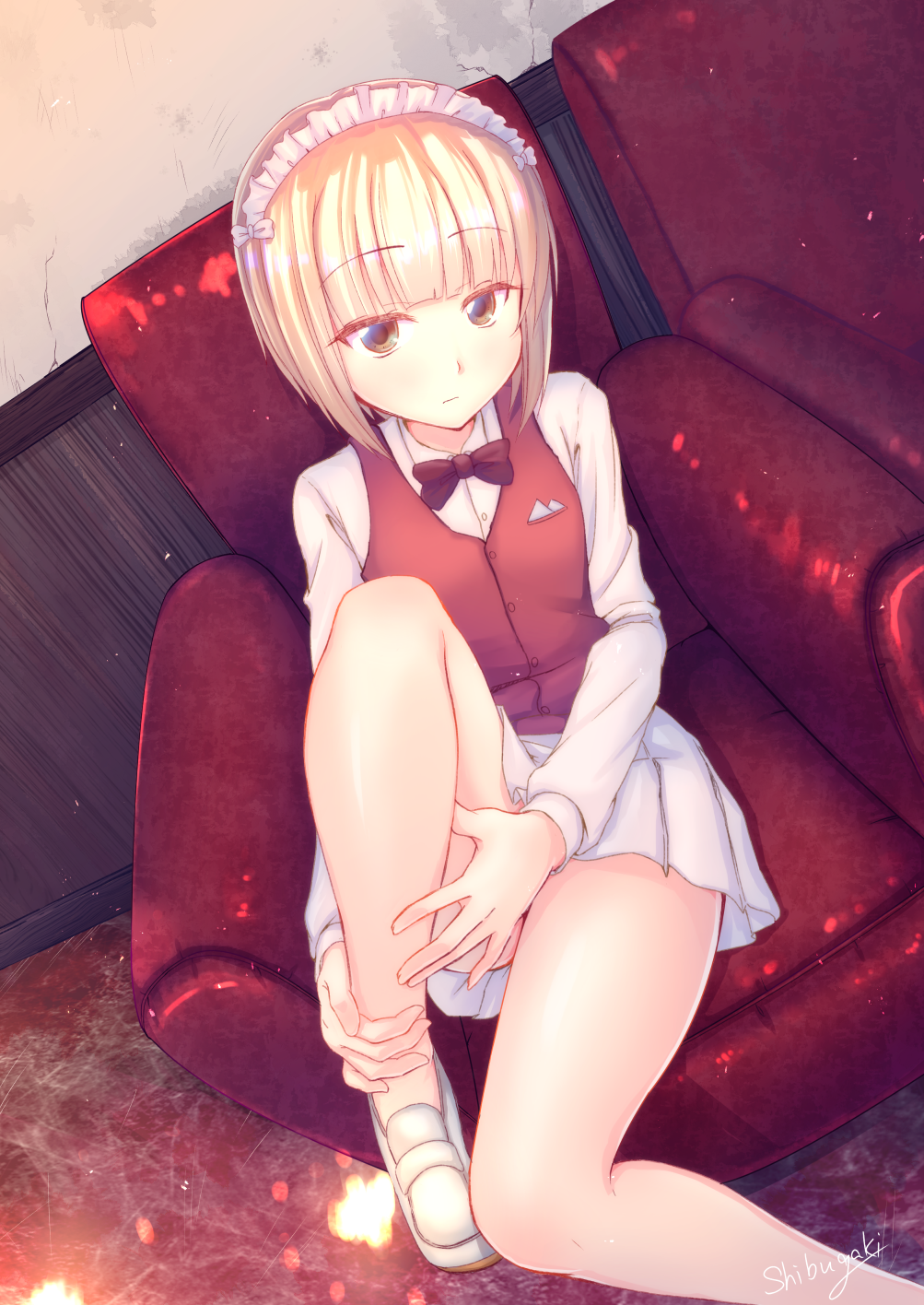 1girl, armchair, artist_name, bangs, blonde_hair, blunt_bangs, brown_eyes, brown_vest