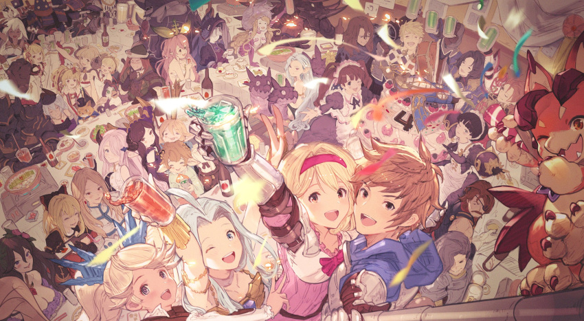6+boys, 6+girls, alcohol, andira_(granblue_fantasy), anila_(granblue_fantasy), animal_ears, armor, arulumaya