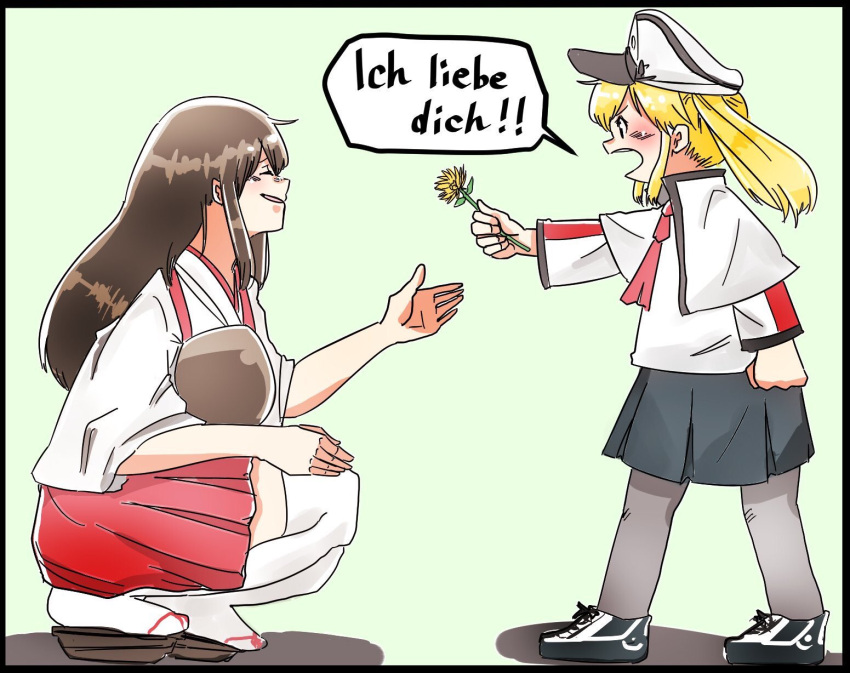 2girls, akagi_(kantai_collection), blonde_hair, brown_hair, capelet, celtic_knot, german, graf_zeppelin_(kantai_collection)