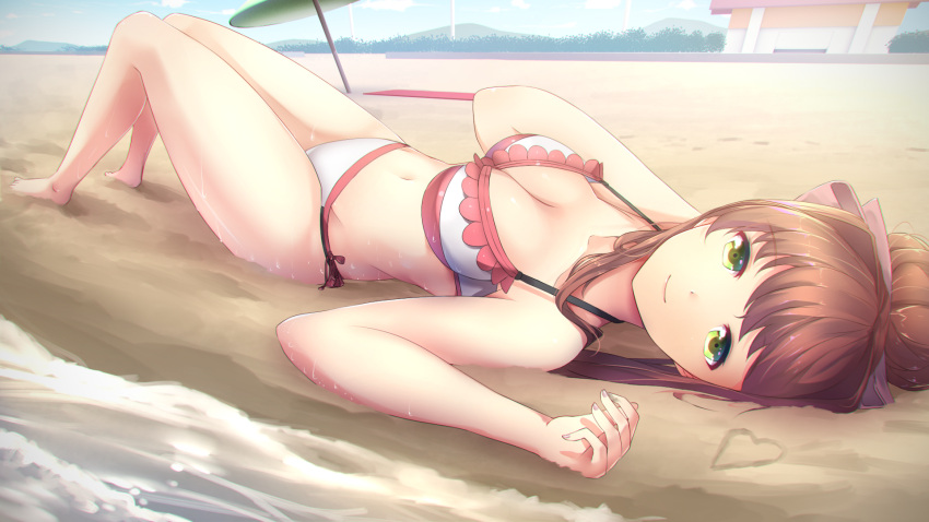 1girl, bangs, bikini, bow, breasts, brown_hair, cleavage, cute