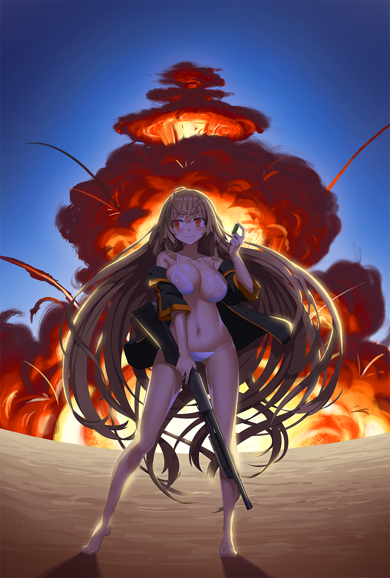 1girl, absurdly_long_hair, bangs, bare_legs, bare_shoulders, barefoot, bikini, blue_sky