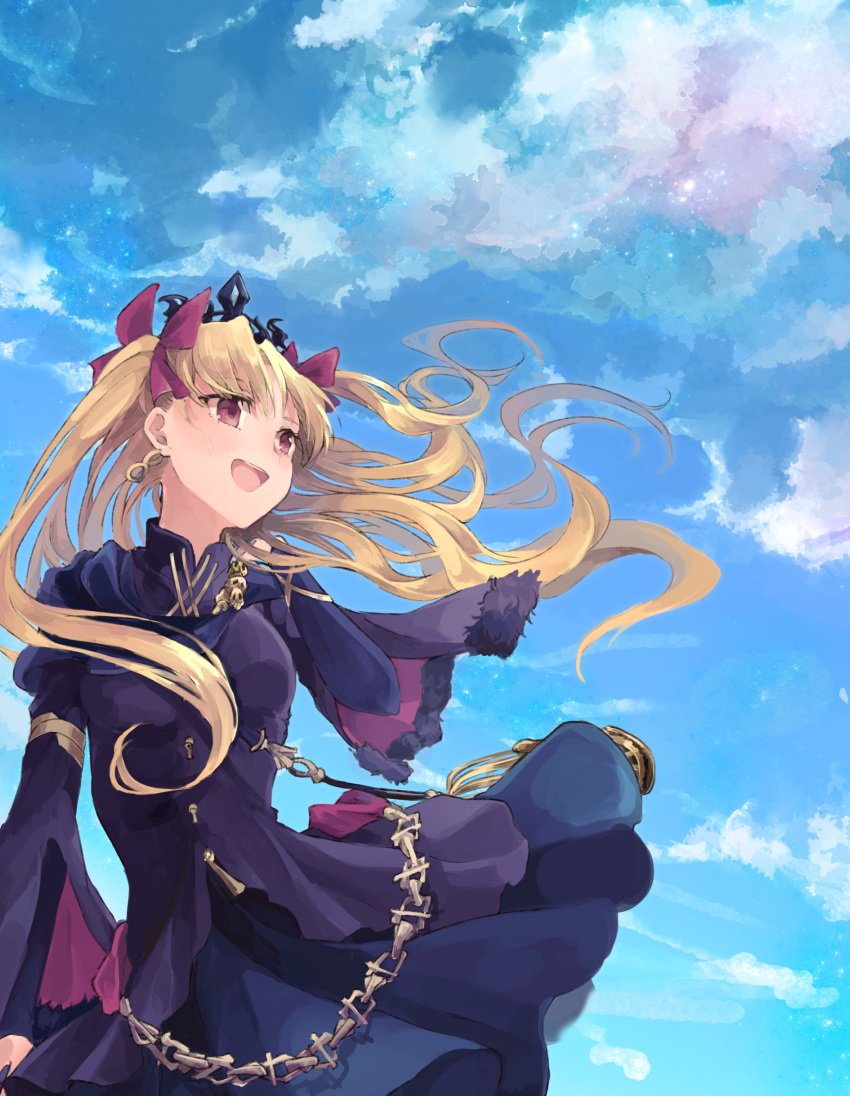 1girl, armlet, bangs, birdcage, blonde_hair, blue_dress, breasts, cage, chains, clouds, collar, commentary_request, dress, earrings, ereshkigal_(fate/grand_order), fate/grand_order, fate_(series), floating_hair, fur_trim, hair_ribbon, hand_on_own_shoulder, highres, jewelry, light_blush, long_hair, long_sleeves, looking_afar, medium_breasts, mitu-yuki, outdoors, parted_bangs, red_eyes, red_ribbon, ribbon, skull, sky, solo, tiara, tohsaka_rin, twintails, upper_body, wind