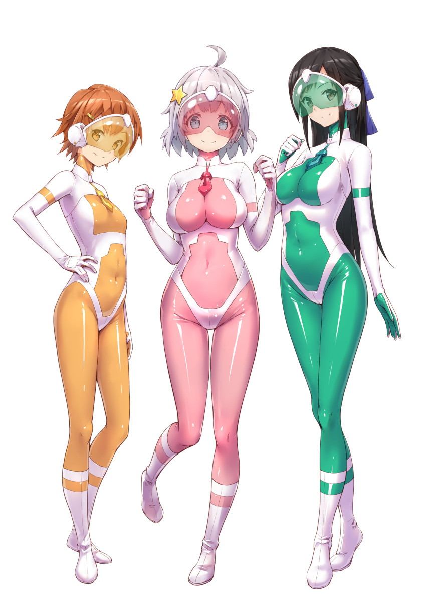 3girls, absurdres, ahoge, black_hair, bodysuit, breasts, brown_eyes, brown_hair
