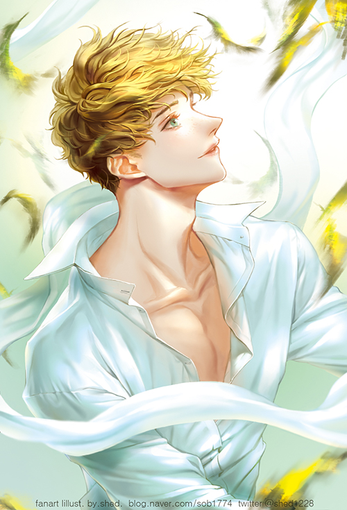1boy, artist_name, brown_hair, fantastic_beasts_and_where_to_find_them, feathers, green_eyes, male_focus, newt_scamander