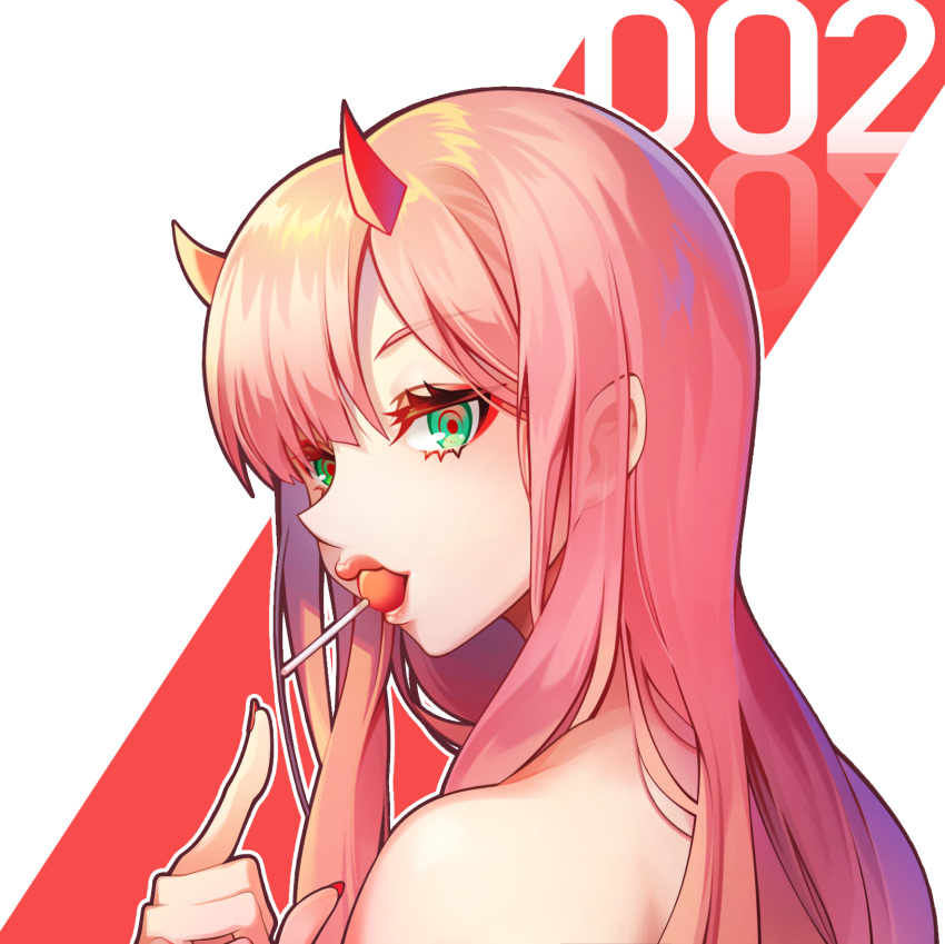 1girl, bare_shoulders, candy, chepill, darling_in_the_franxx, food, green_eyes, highres