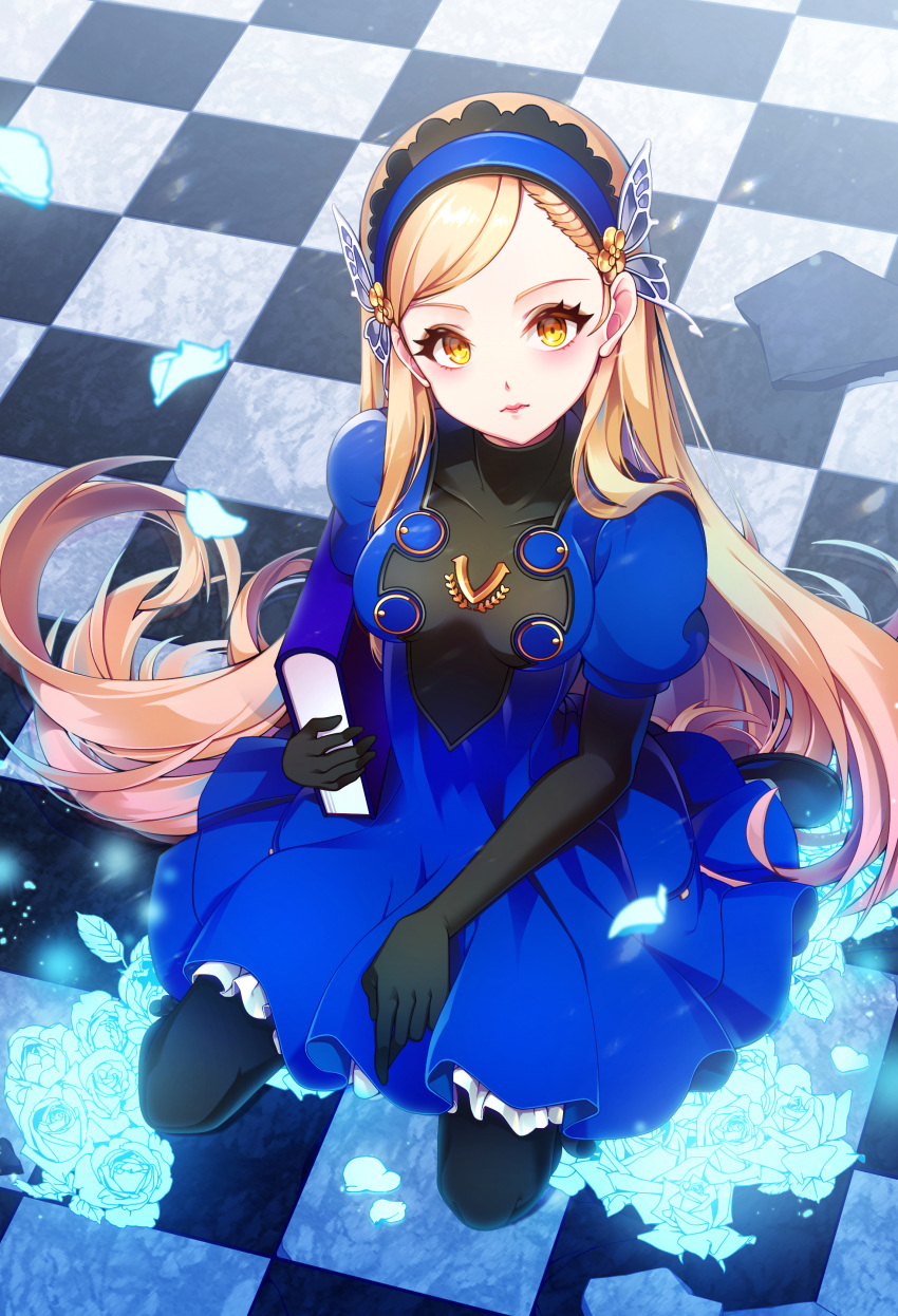 1girl, absurdres, black_gloves, black_legwear, blonde_hair, blue_dress, blue_flower, blue_hairband