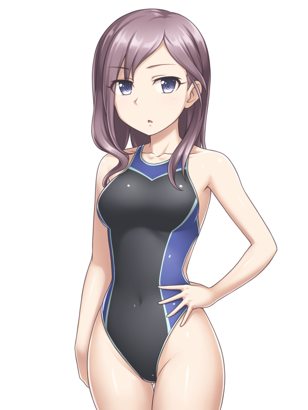 1girl, bangs, black_swimsuit, blue_eyes, brown_hair, competition_swimsuit, covered_navel, cowboy_shot