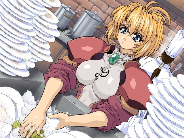 blonde_hair, blue_eyes, brave_soul, breasts, brown_hair, caren_(brave_soul), chef, chef_hat