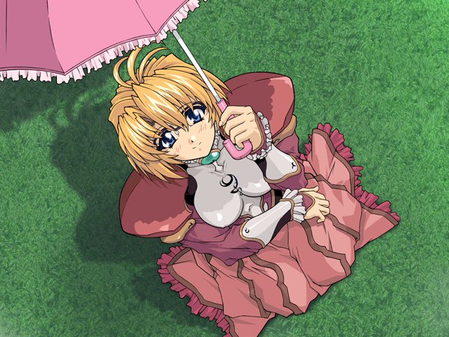 blonde_hair, blue_eyes, blush, brave_soul, caren_(brave_soul), dress, dutch_angle, erect_nipples