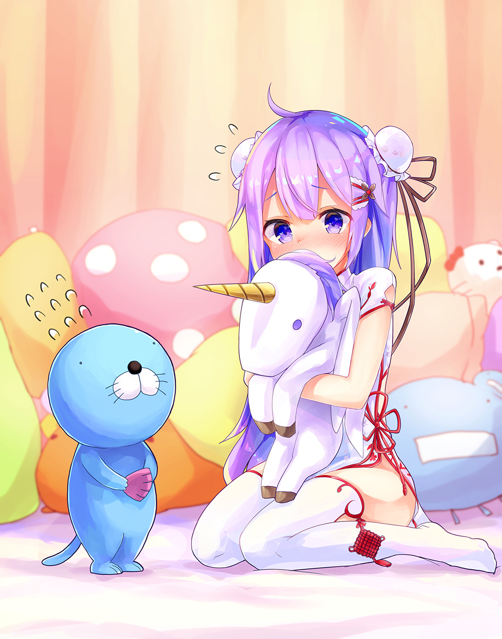 1girl, ahoge, azur_lane, bangs, bed_sheet, blush, bonobono, bonobono_(character)