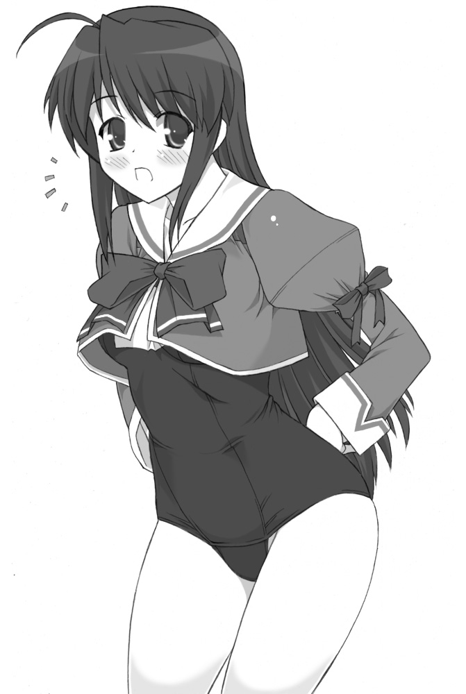 blush, bow, cropped_overshirt, fujieda_honami, monochrome, no_pants, one-piece_swimsuit, school_swimsuit