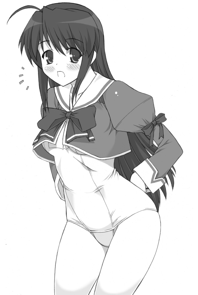 ahoge, blush, bow, cropped_overshirt, fujieda_honami, monochrome, no_pants, one-piece_swimsuit