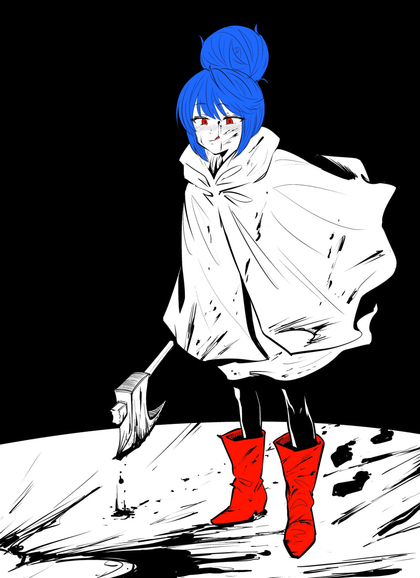 1girl, abonnu_(adooonnu), absurdres, axe, blood, blood_on_face, blood_splatter, bloody_clothes