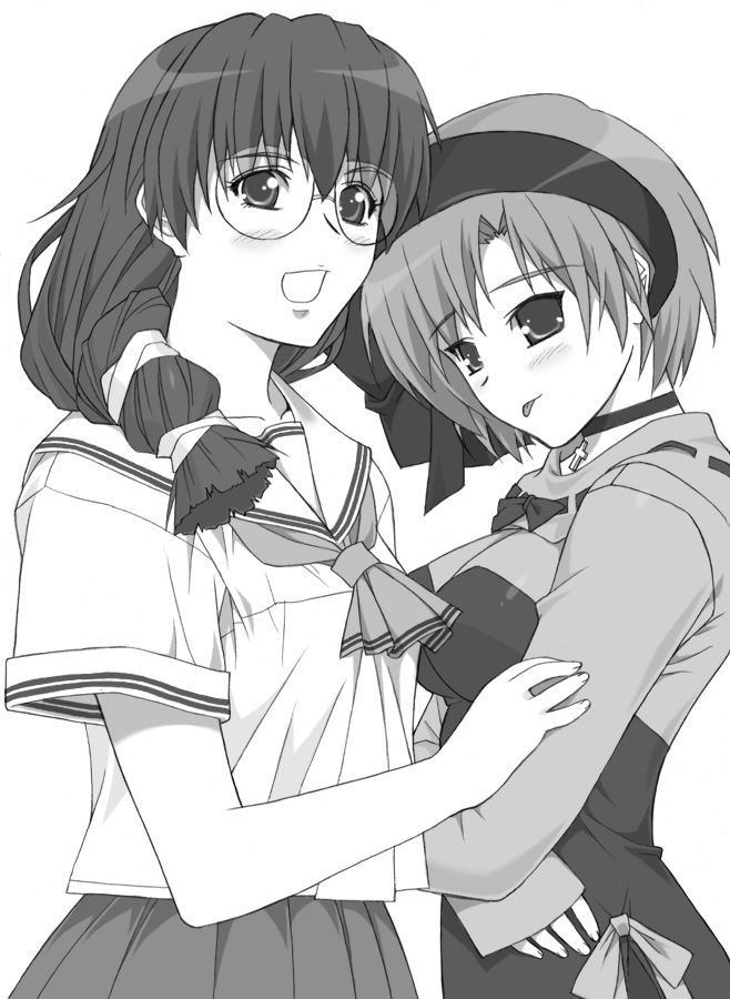 bow, cross, crucifix, glasses, graduation_(series), hairband, monochrome, multiple_girls