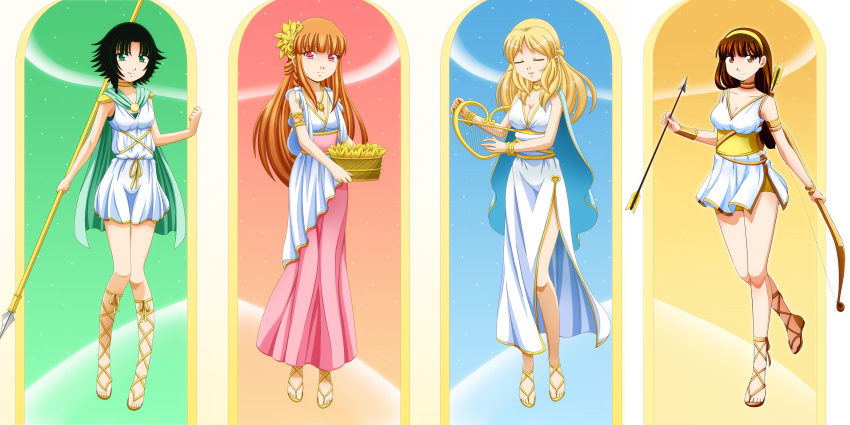 absurdres, arrow, basket, black_hair, blonde_hair, blossom_(ppg), blue_eyes, brown_hair, bubbles_(ppg), buttercup_(ppg), closed_eyes, dress, greek_mythology, green_eyes, hair_ornament, hairband, harp, long_hair, longbow, pink_eyes, powerpuff_girls, red_hair, red_hair, robyn_snyder, sandals, short_hair, smile, spear, tunic, xenokurisu
