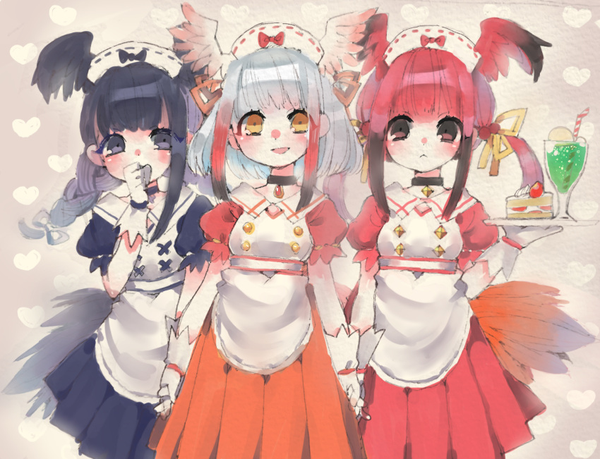 3girls, alternate_costume, apron, bangs, bird_tail, bird_wings, black-headed_ibis_(kemono_friends), black_bow