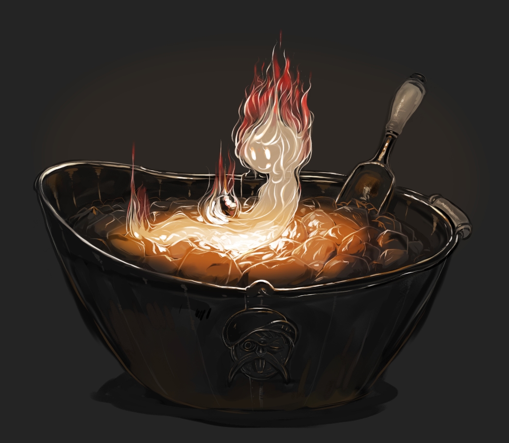 0_0, bowl, burning, fire, food, grey_background, idon, in_food