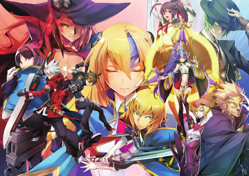 absurdres, black_hair, black_pants, blazblue, blonde_hair, brown_eyes, brown_hair, capelet