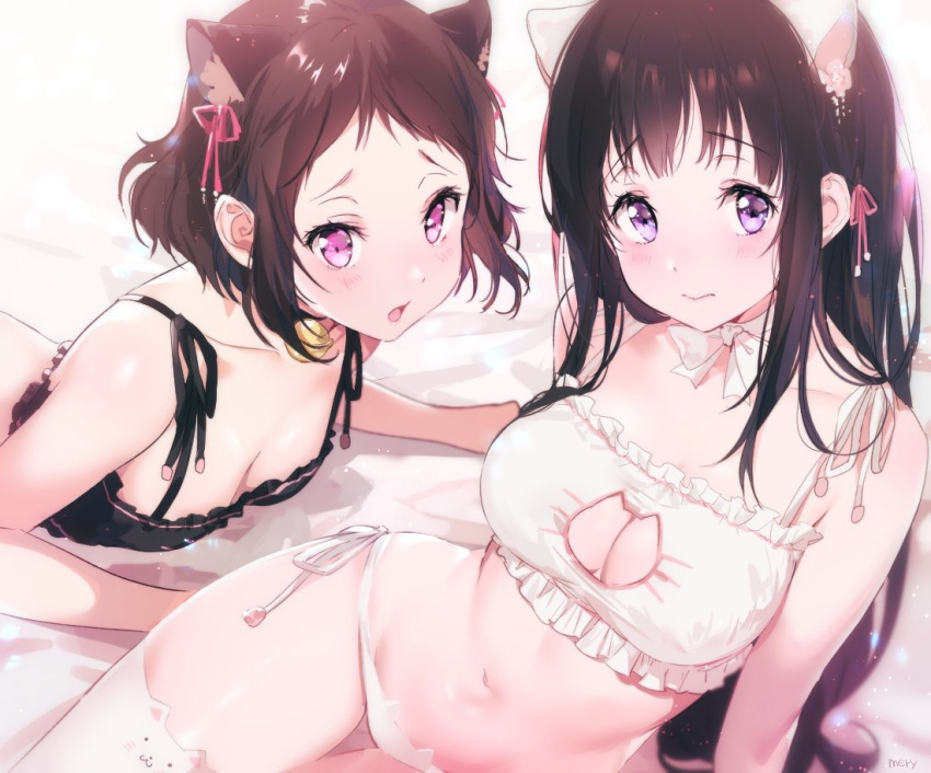 2girls, :o, animal_ears, bed, bell, bell_collar, belly, black_hair