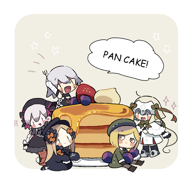 5girls, :d, abigail_williams_(fate/grand_order), arm_up, bandage, bandaged_arm, beret, black_bow