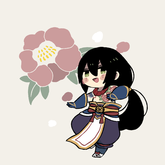 1boy, :d, bangs, black_hair, blush_stickers, brown_background, chest_tattoo, chibi