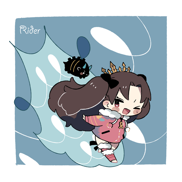 1girl, ;d, animal, bangs, black_bow, blush_stickers, boar, bow