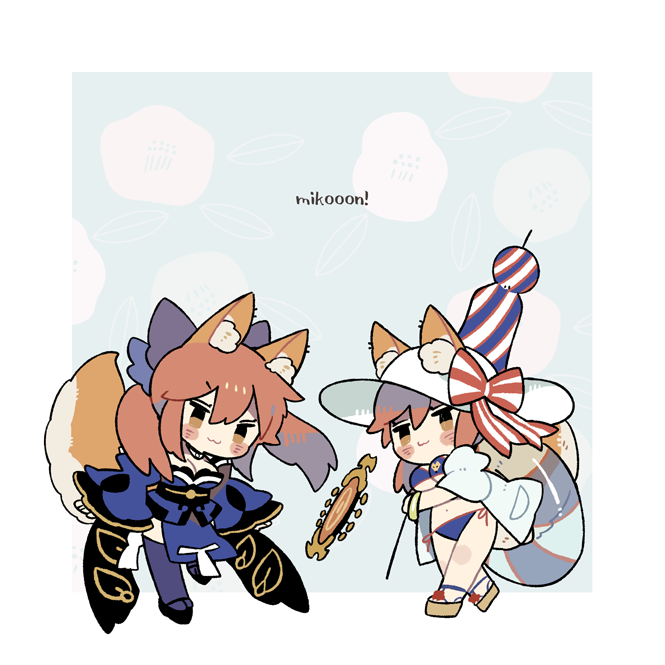 2girls, :3, animal_ears, bangs, beach_umbrella, bikini, black_footwear, blue_bikini