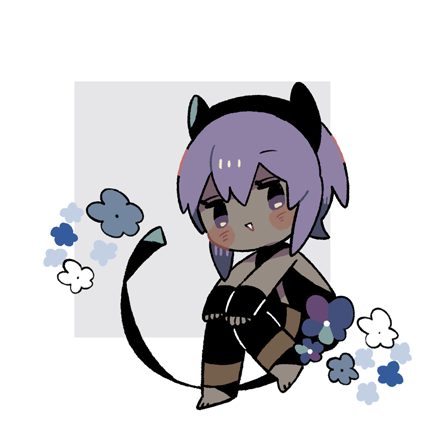 1girl, :>, bangs, bare_shoulders, black_bodysuit, black_gloves, blue_flower, blush_stickers